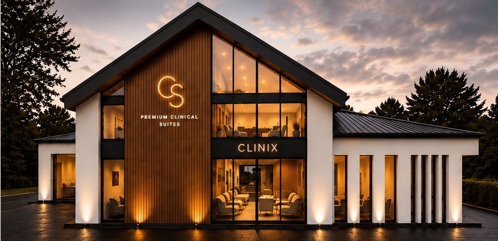 Exterior concept for Clinix Suites at dusk